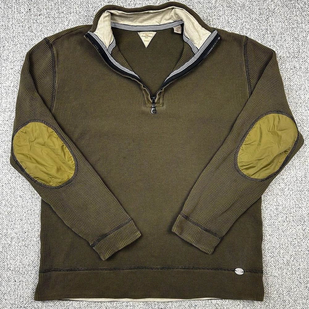 Tommy Bahama Mens M Olive Waffle Knit 1/4 Zip Pullover Elbow Patch Sweater